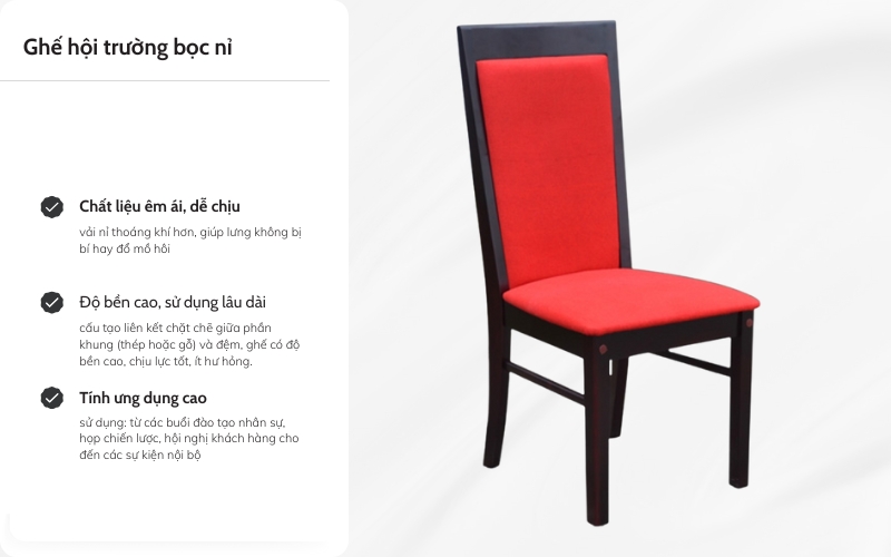 Ghế hội trường sử dụng bọc vải có nhiều ưu điểm.