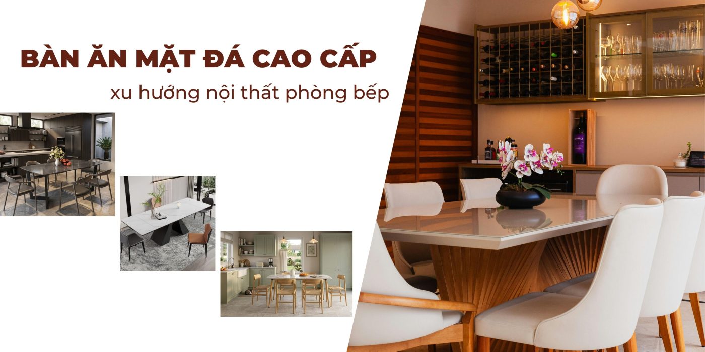 Xu hướng bàn ăn mặt đá 2026 màu sắc sang trọng trong phòng ăn.