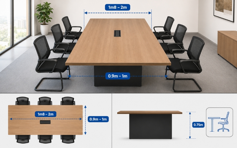 Thông số chi tiết về kích thước của bàn họp 6 người