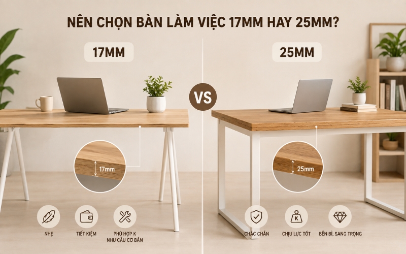 So sánh nên chọn bàn làm việc 17mm hay bàn 25 mm