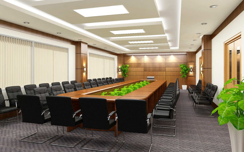 Ghế chân quỳ da bố trí trong phòng họp sang trọng