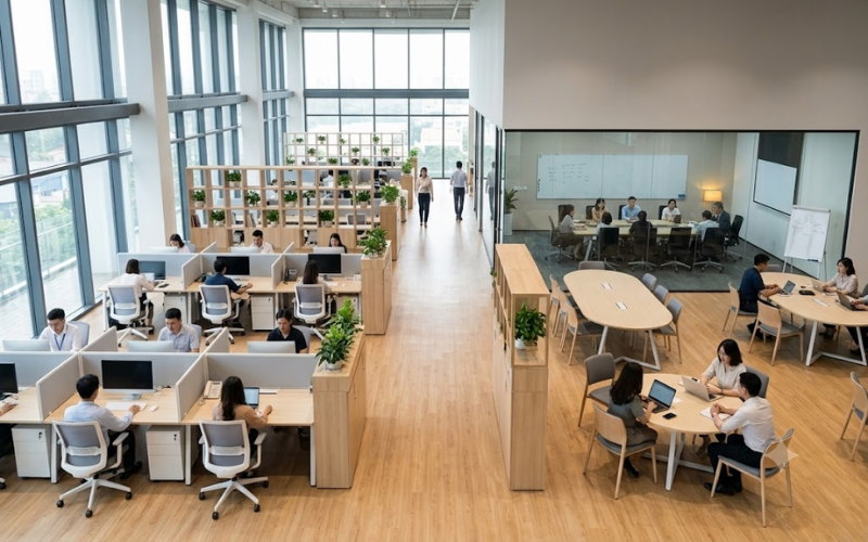 Văn phòng setup không gian làm việc Hybrid Work.  