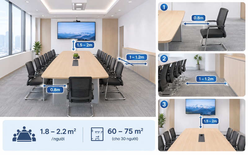 Cách tính diện tích phòng họp 30 người từ kích thước bàn thực tế
