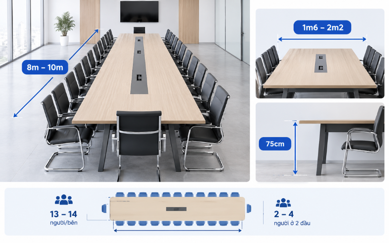 Kích thước bàn họp 30 người tiêu chuẩn 
